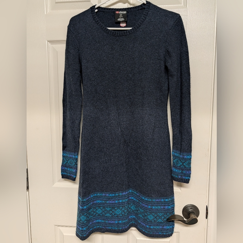 Wool Blend Navy Knit Sweater Dress with Blue Fair Isle Trim
